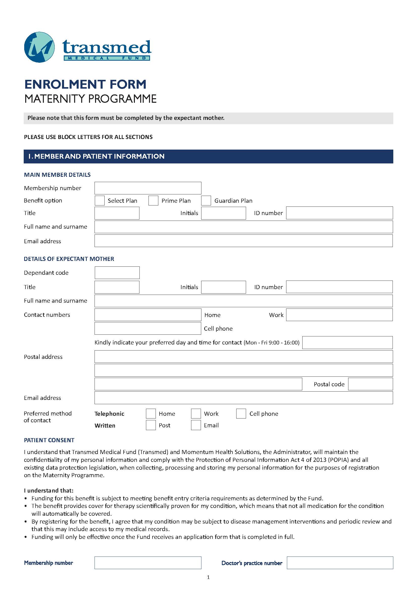 Maternity Programme enrolment form